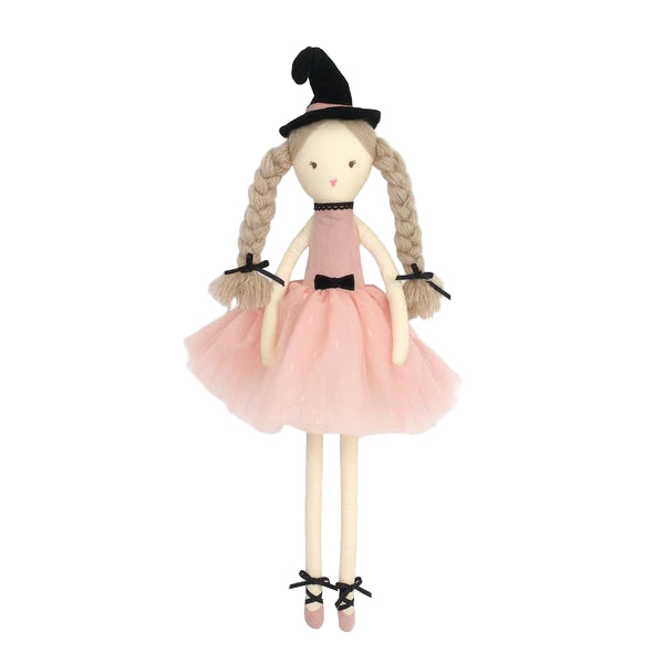 Aggie the Witch plush doll from Mon Ami, dressed in a pink tulle dress and matching slippers, with a cute pointed hat and braided hair, perfect for Halloween and playtime.