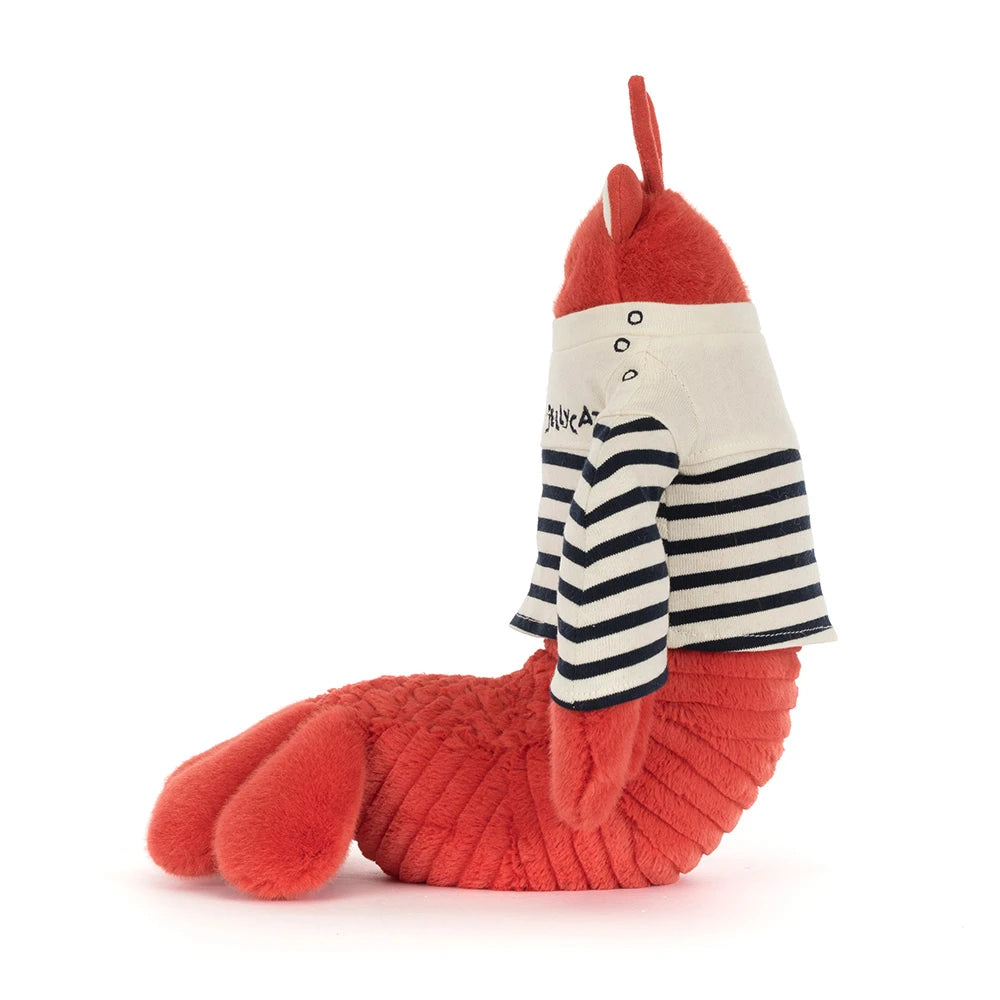 Larry Lobster Sailor Outfit SS26 displayed on a plush lobster toy, perfect for imaginative play.