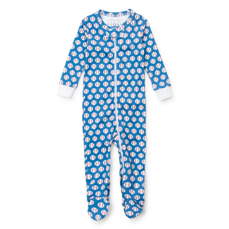 Parker Zipper Pajama Baseball Grand Slam by Lila and Hayes, featuring a playful baseball print on a blue background, designed for infants and toddlers.