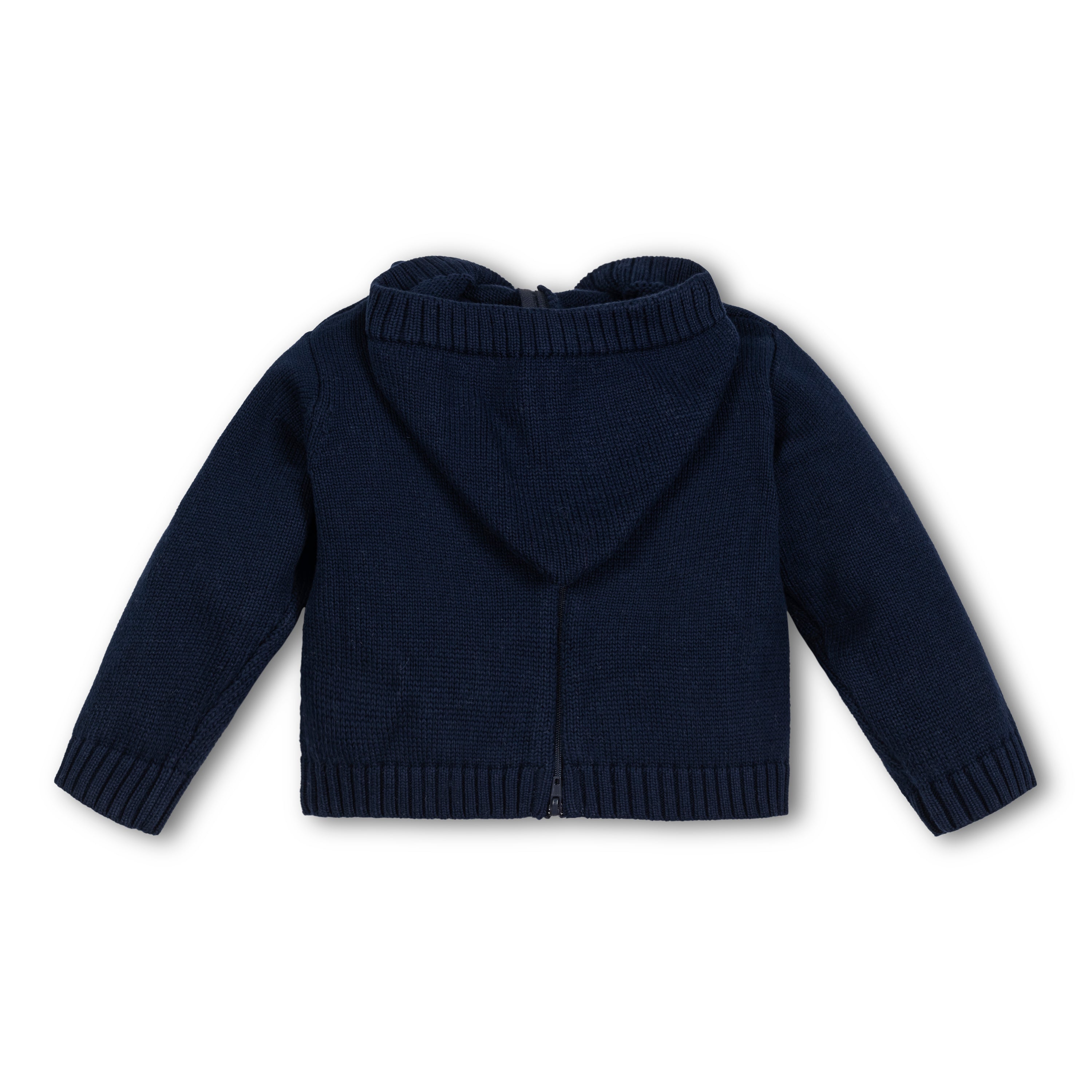 Back view of the navy cotton zip back sweater by Pocket Full of Posies, showcasing the innovative zip detail and cozy hood, ideal for versatile outfit options.
