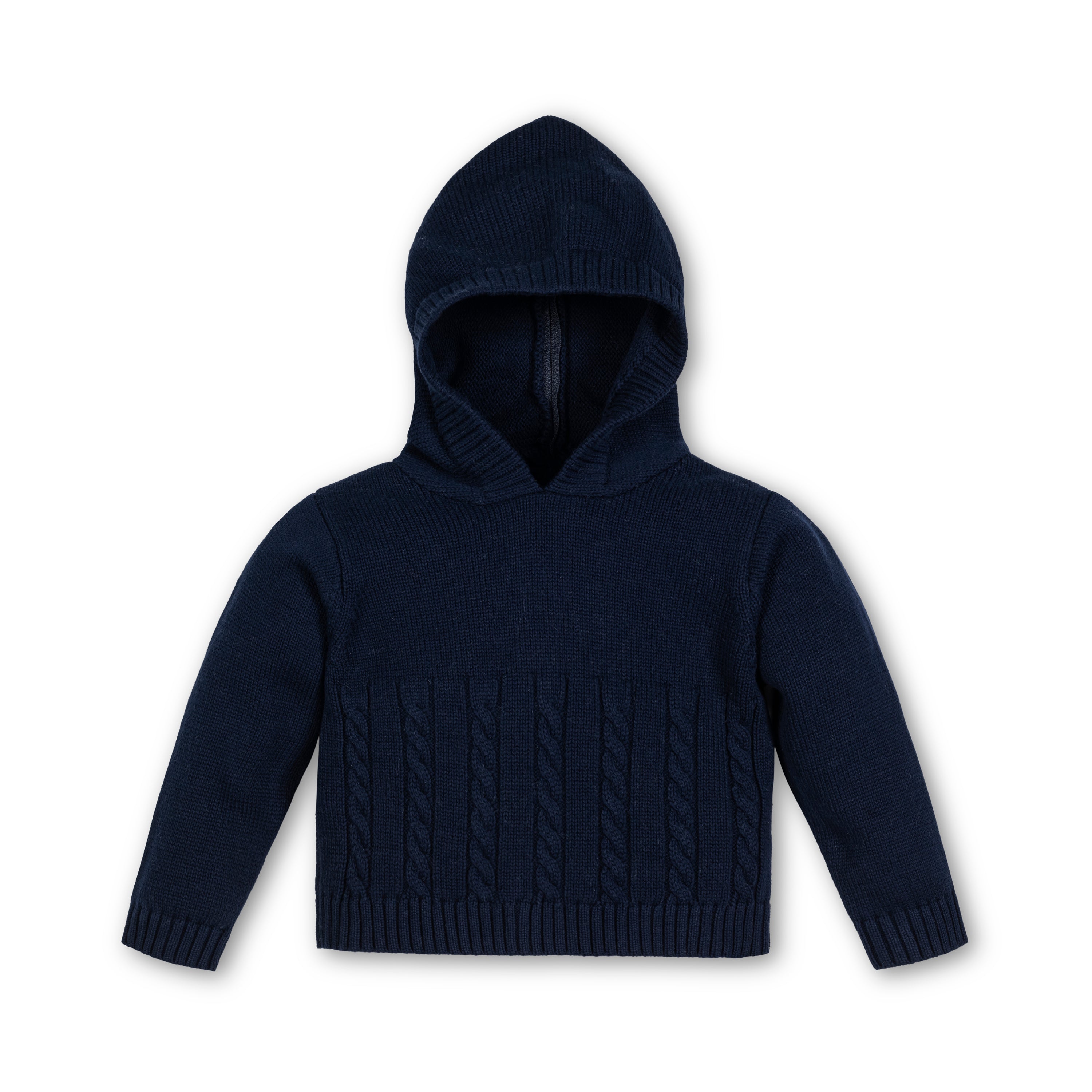 Navy cotton zip back sweater from Pocket Full of Posies featuring a hood and chunky knit design, perfect for stylish and comfortable everyday wear.
