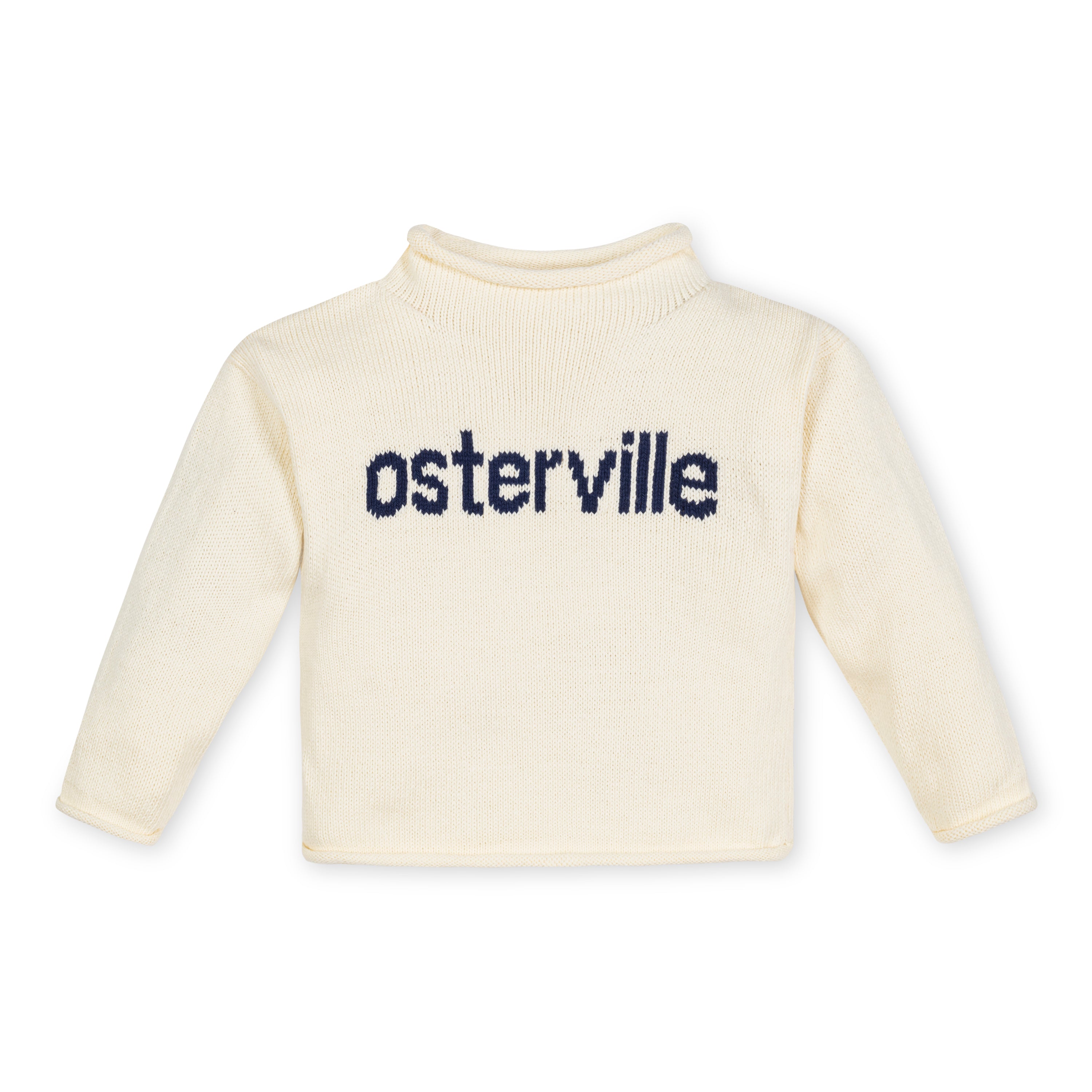 Osterville Rollneck Sweater by Pocket Full of Posies, featuring a cozy design and stylish rollneck in cream color with 'osterville' embroidered.