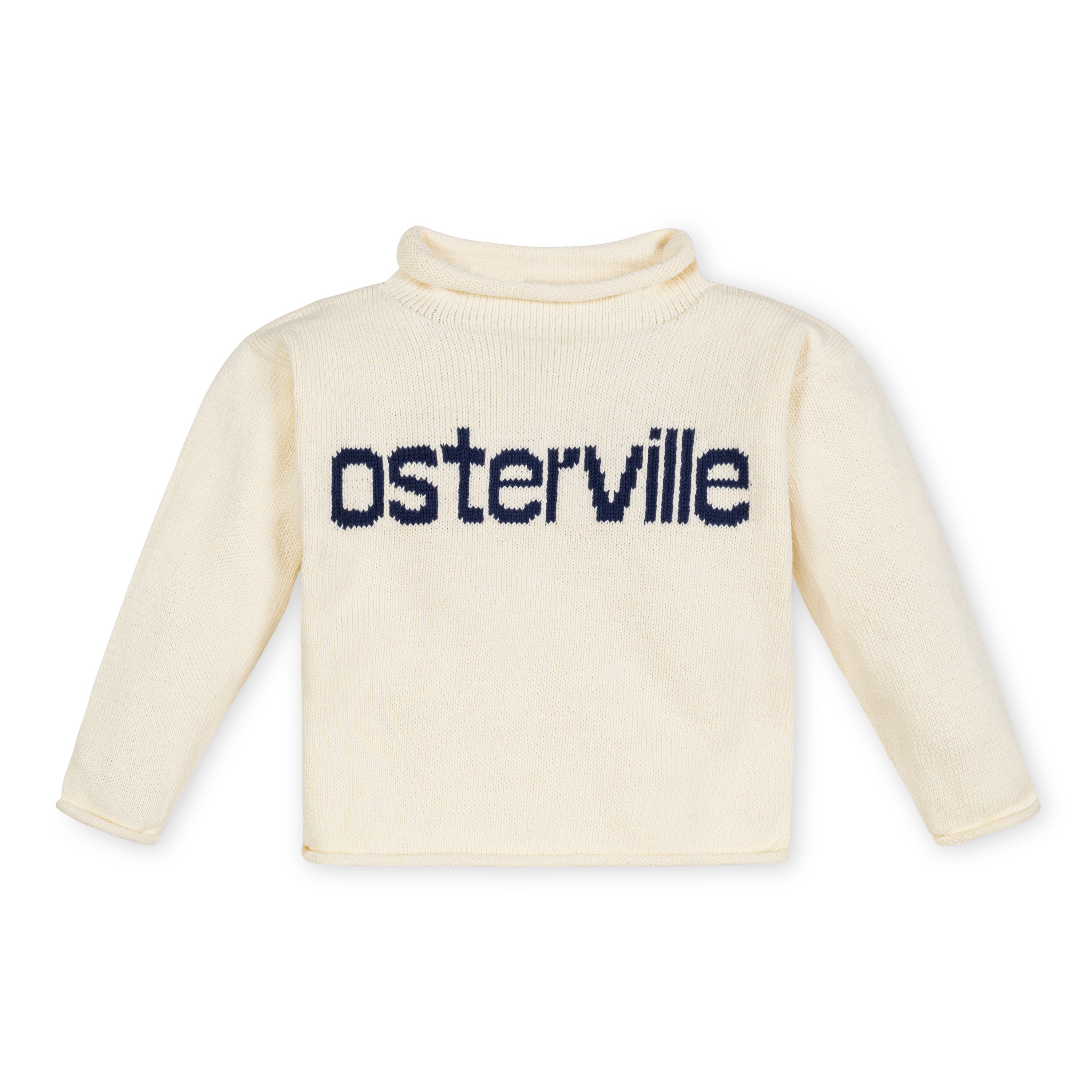 Osterville Rollneck Sweater by Pocket Full of Posies, showcasing a chic cream garment with 'osterville' logo, perfect for casual and stylish outfits.