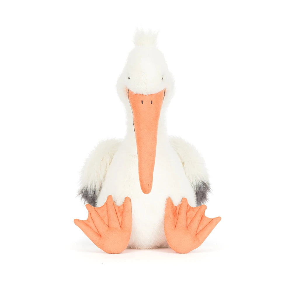 Close-up of Keli Pelican SS26's adorable beak and soft fabric, perfect for cuddling.