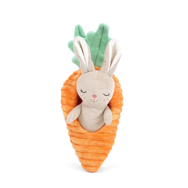Mon Ami 2-Piece Bunny In Carrot Plush Toy Set featuring a soft bunny tucked inside a vibrant orange carrot, perfect for playtime adventures.