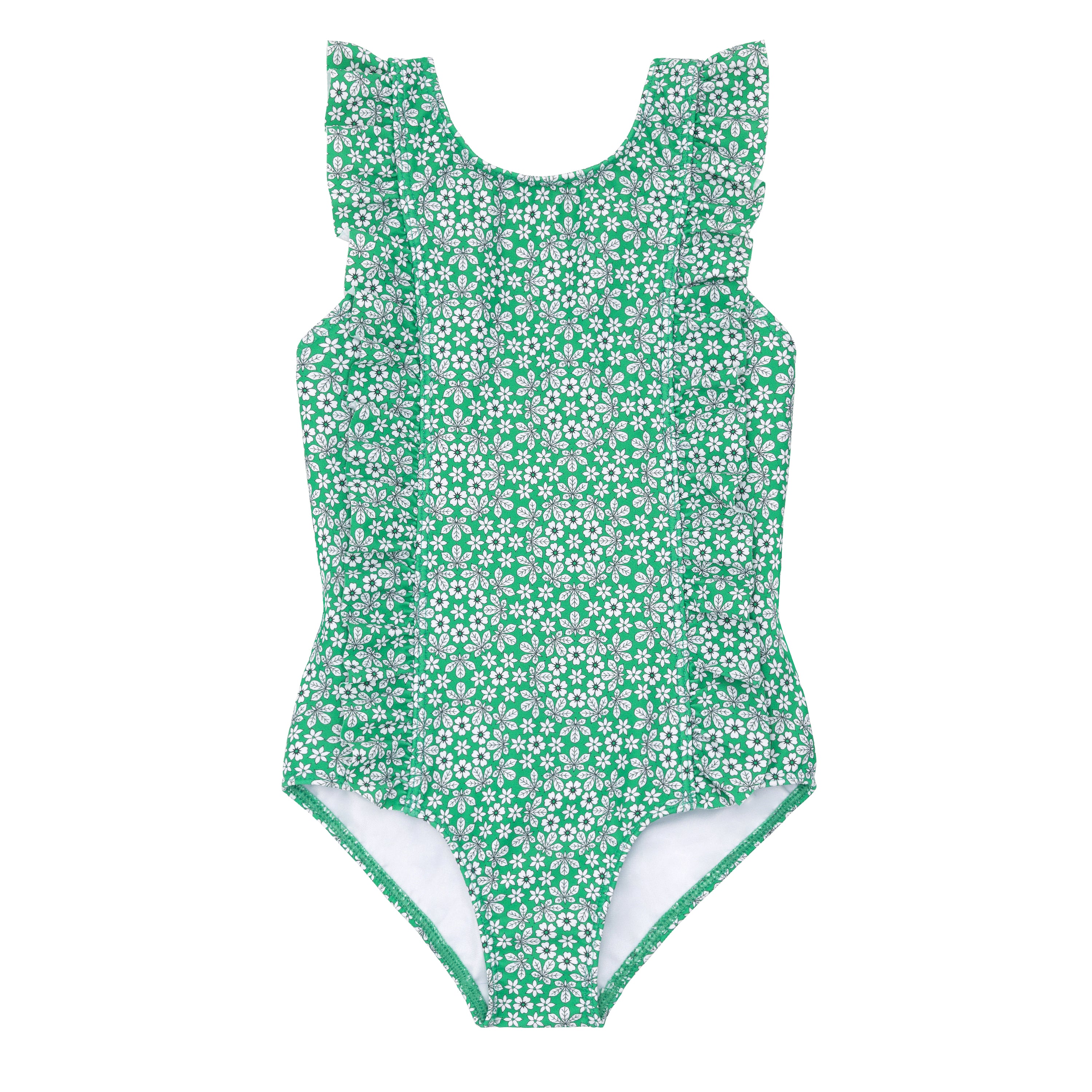 Girls Liberty of London Godwin Floral Ruffle Cap Sleeve Rashguard 1-Piece Swimwear from Minnow, featuring a vibrant green floral pattern with ruffle cap sleeves.