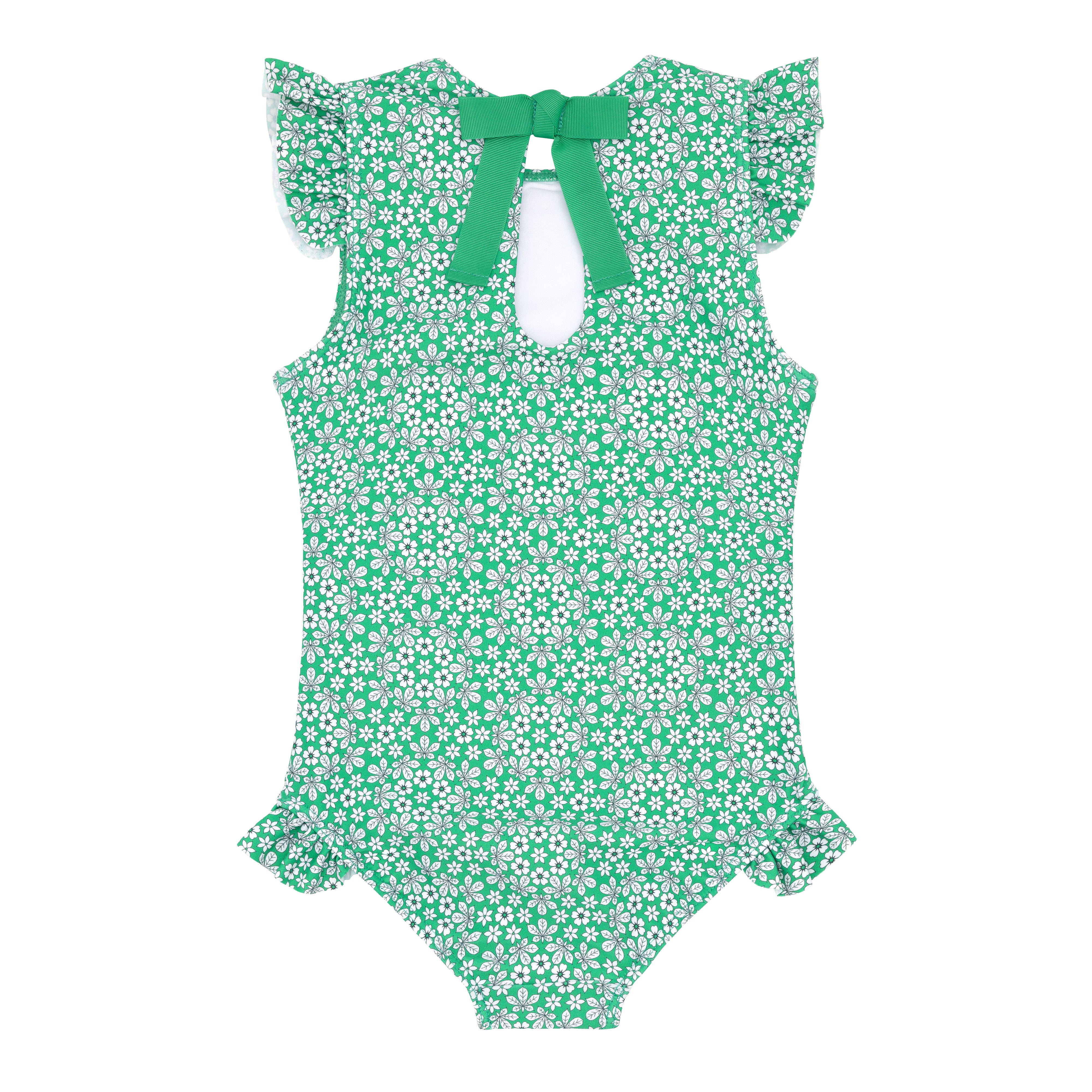Back view of Girls Liberty of London Godwin Floral Ruffle Cap Sleeve Rashguard 1-Piece Swimwear by Minnow, showcasing a playful floral design and a cute bow detail at the neckline.