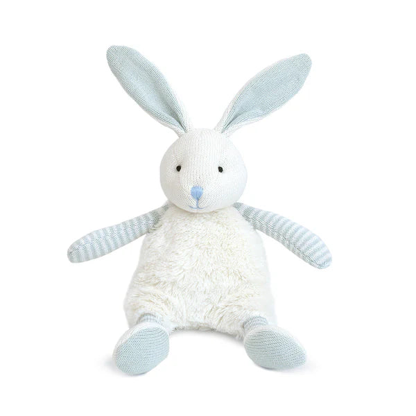 Floppy Blue Bunny plush toy by Mon Ami, featuring soft faux fur and whimsical light blue striped arms and legs, perfect for cuddling.