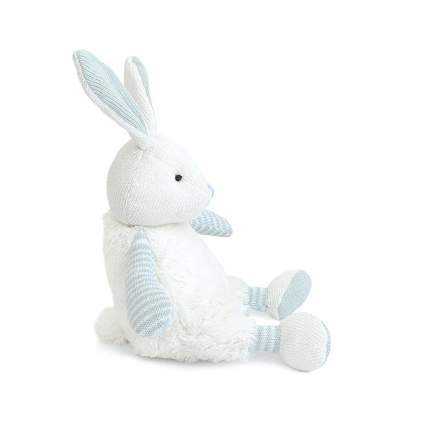 Safety-tested Floppy Blue Bunny plush toy from Mon Ami, perfect for Easter baskets or baby showers, offering warmth and affection.