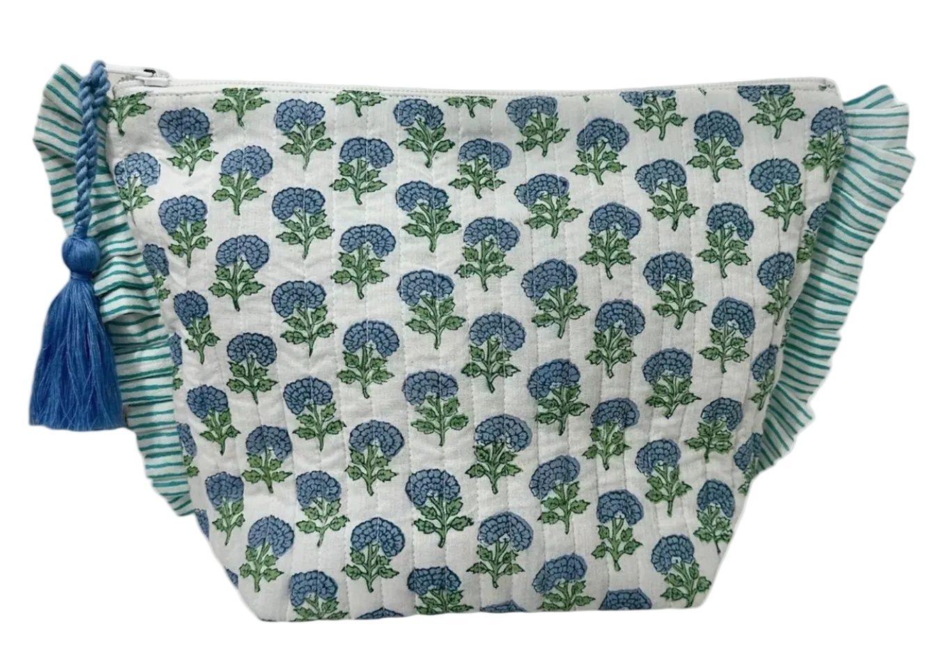 LA PLAGE RUFFLE POUCH AQUA FLORAL BLOCK PRINT