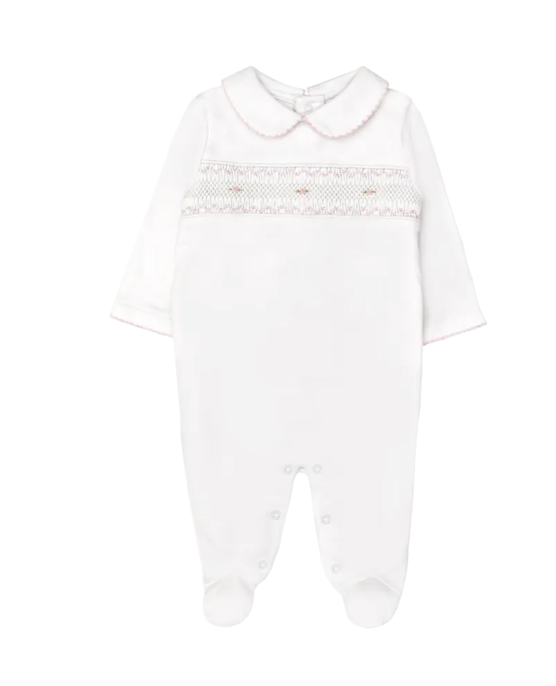 Hand Smocked Pima Playsuit, White & Pink