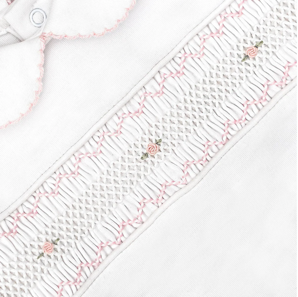 Hand Smocked Pima Playsuit, White & Pink
