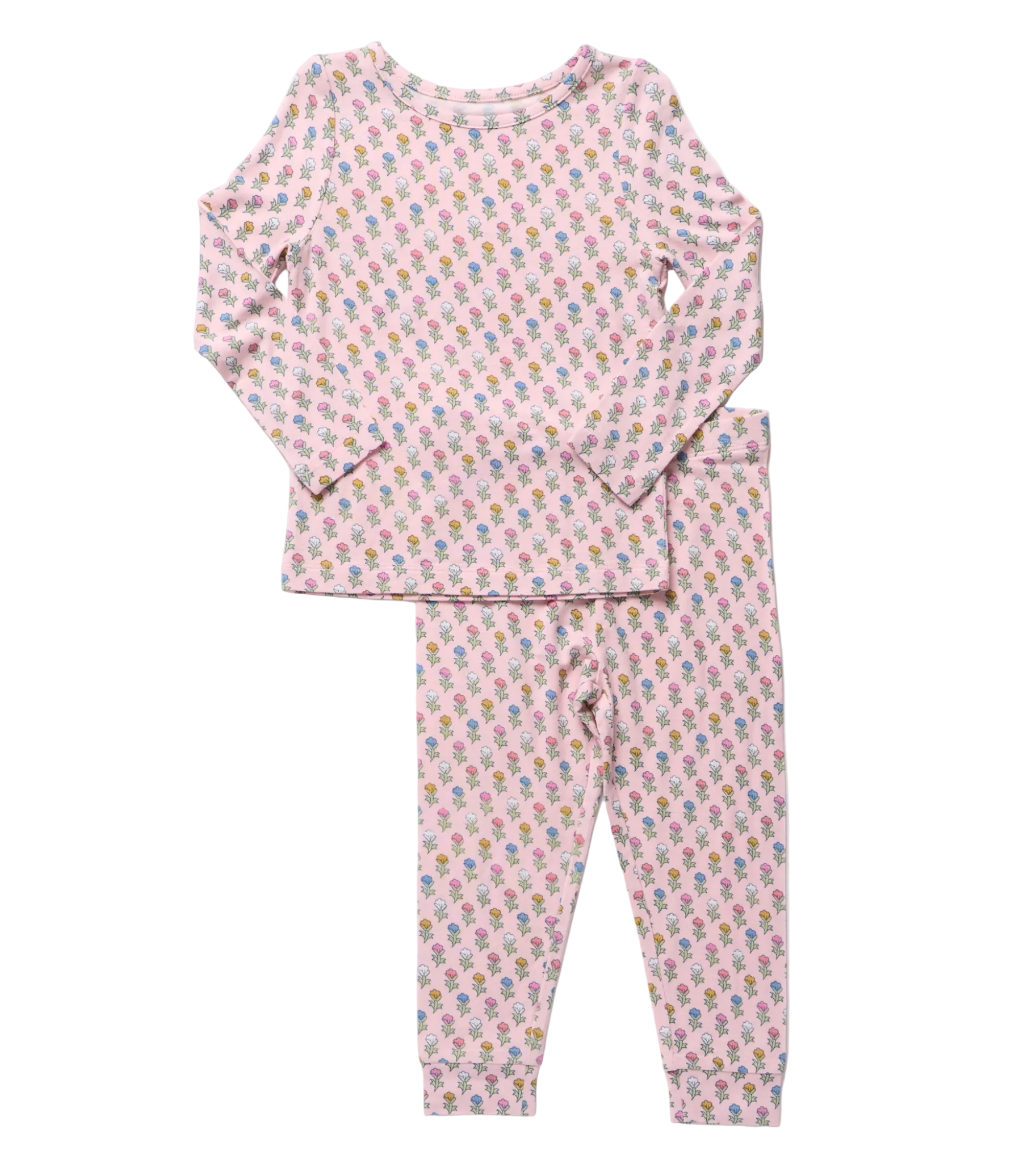 A two-piece children's pajama set featuring a long-sleeve top and matching pants, both in a light pink color with a small, dense multicolor floral pattern, laid flat on a light gray background.