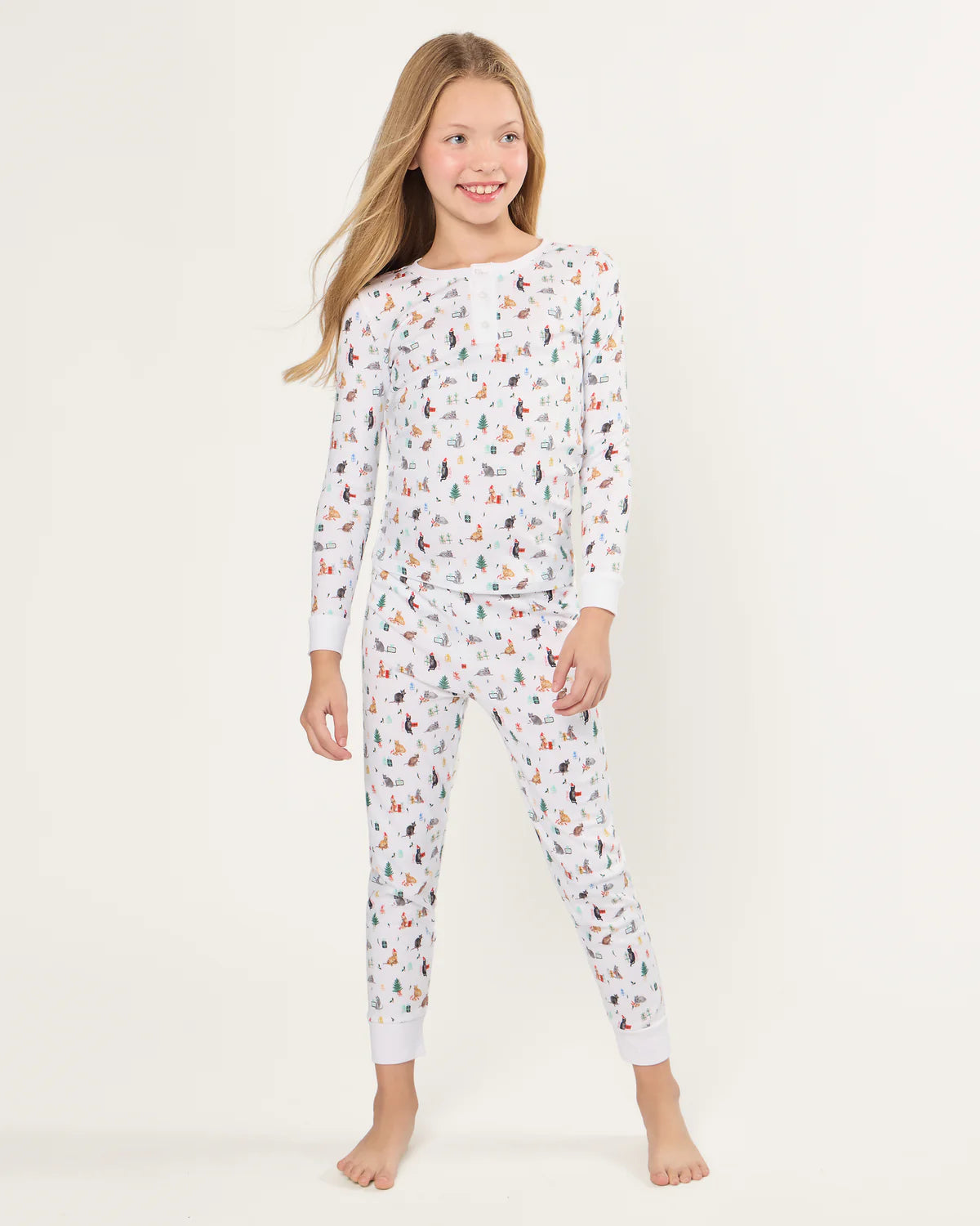 Snug and stylish Kids Pima Snug Fit Pajama in Merry Meow, ideal for dreamland adventures in playful holiday style.