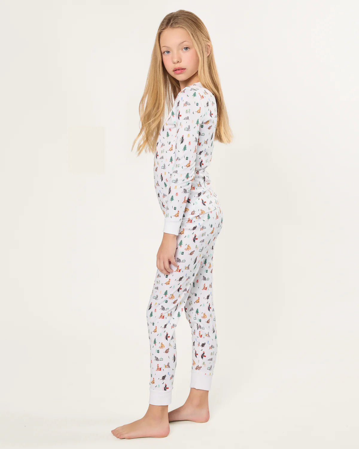 Adorable Kids Pima Snug Fit Pajama in Merry Meow, designed for a snug fit and stylish holiday look with cute cats.