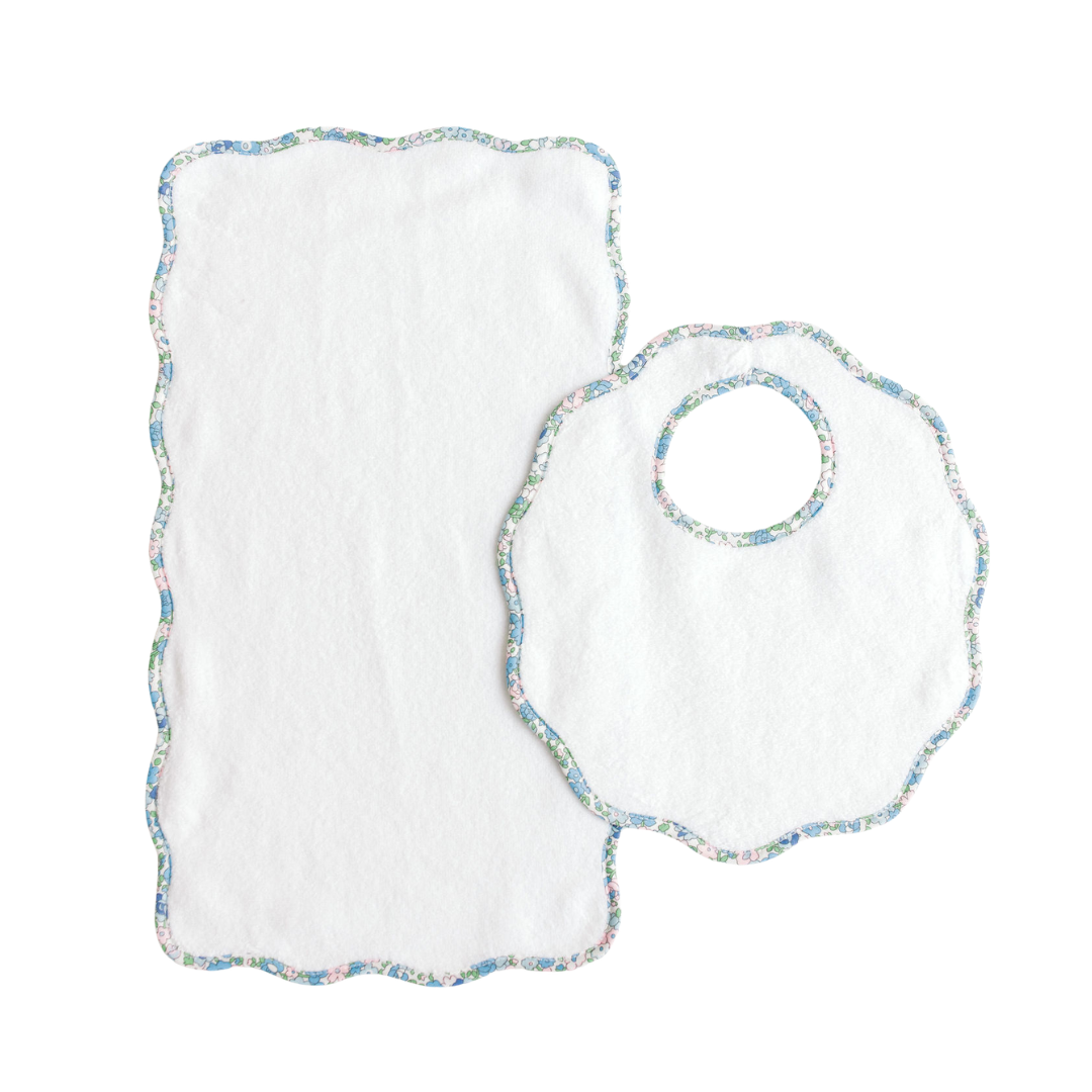 Bib and Burp Set -Blue Floral Scalloped Edge
