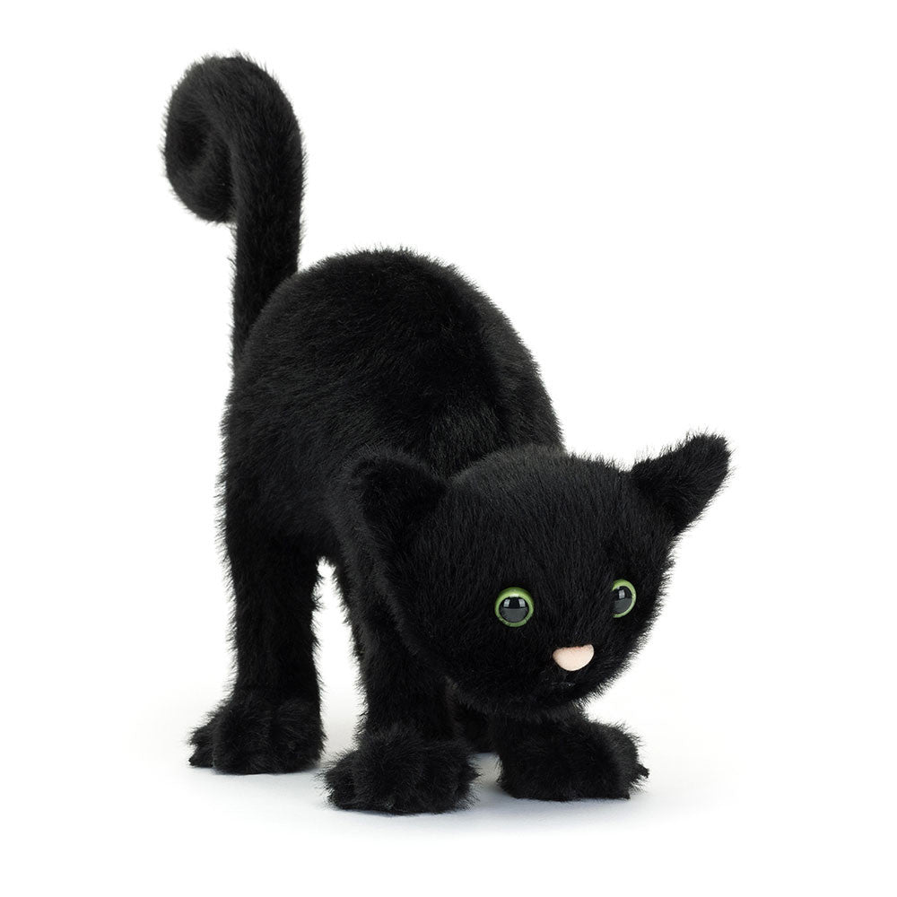 Spookipaws Cat plush toy by JellyCat, displaying its black fur and cute features, perfect for Halloween decoration.
