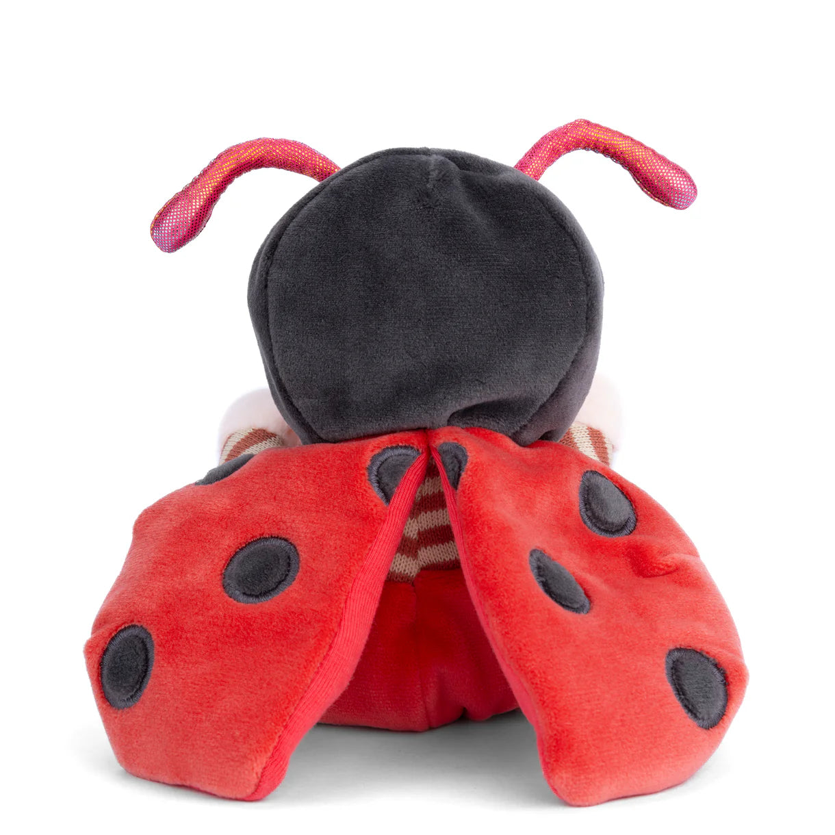 Ziggy Ladybug in a playful pose, revealing the removable hood and soft ladybug wings, perfect for costume fun or cuddling.