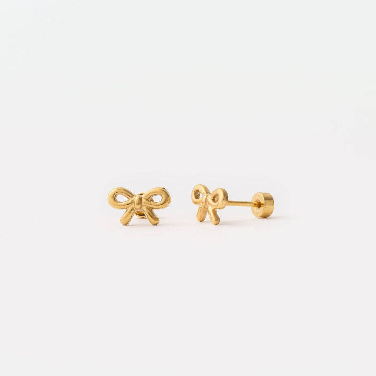 Bow Long Post Gold Stud - Hypoallergenic, Flat Back, Girl