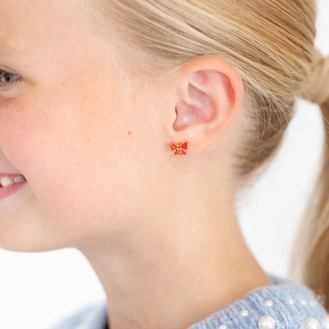 Red Bow Stud Earrings - Hypoallergenic, Flat Back, Girl Gift