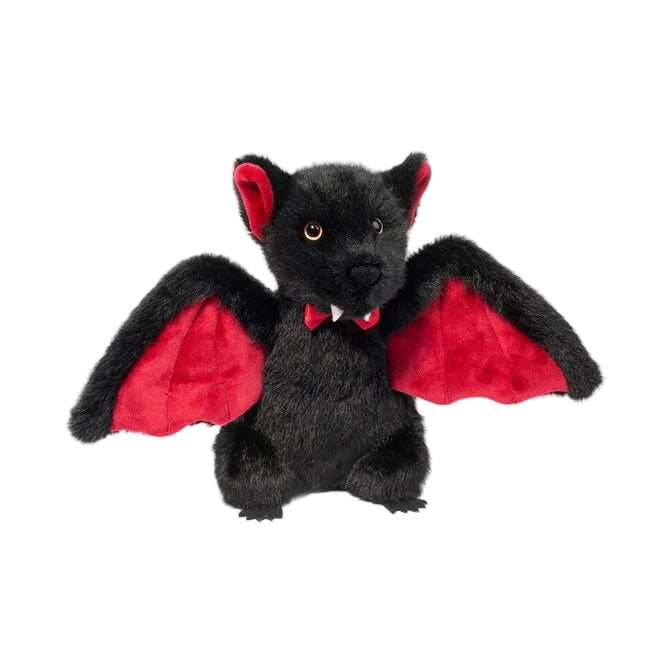 Cute Drac Vampire Bat plush toy by Douglas with red wings and bow tie, perfect for Halloween decorations.