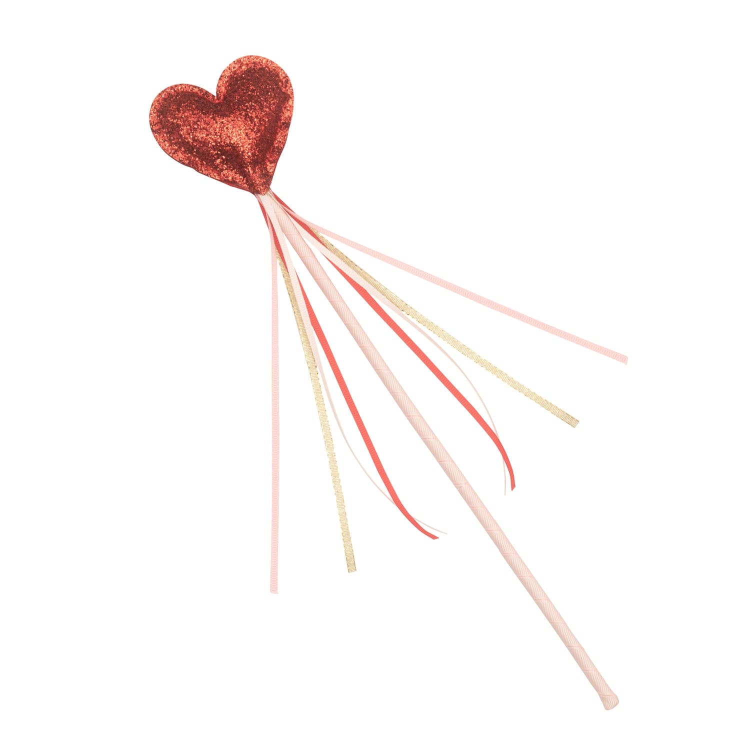 A colorful Love Heart Glitter Wand by Rockahula Kids, featuring a sparkling red heart tip, flowing pink and red grosgrain streamers, perfect for imaginative play and dressing up.