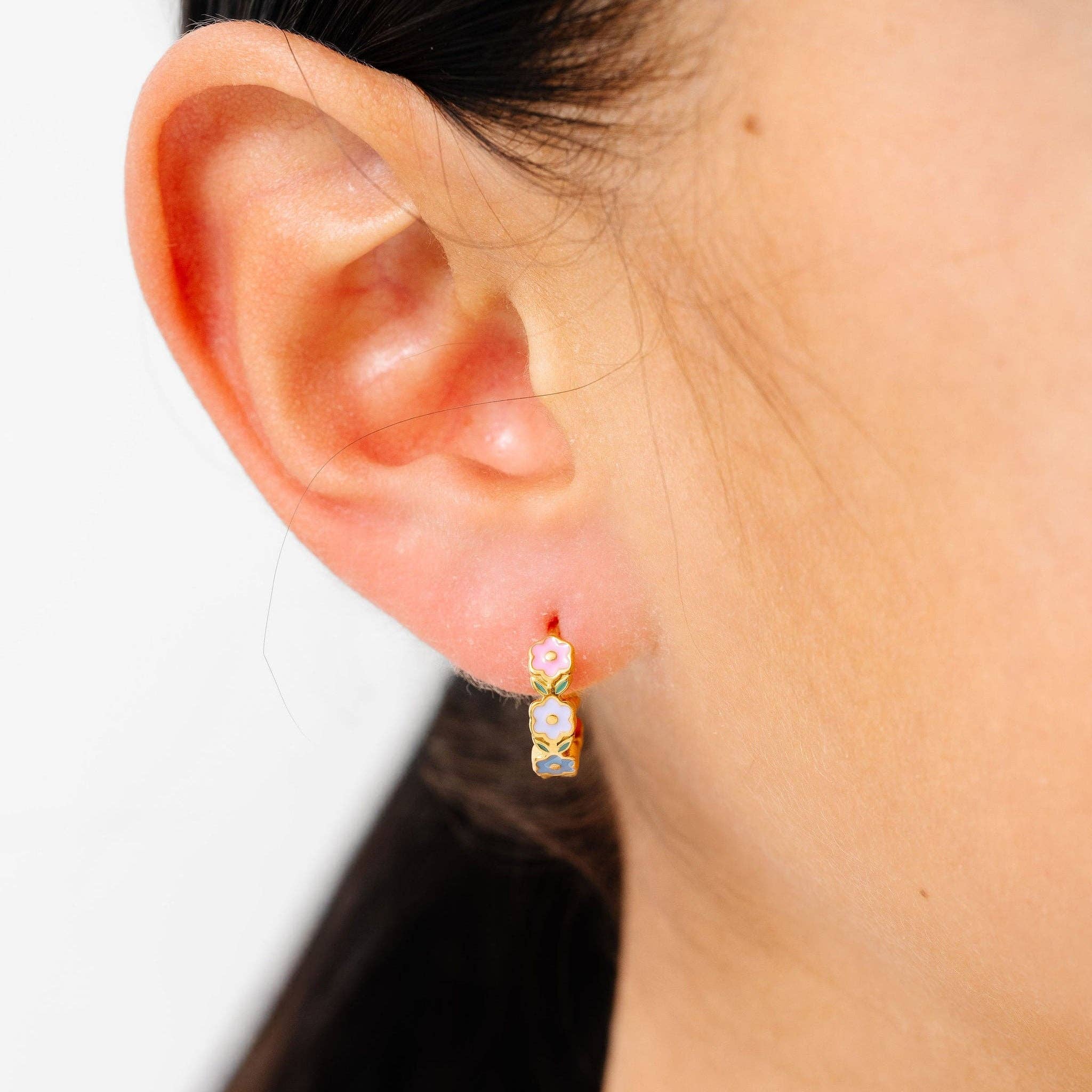 Flower Hoop Earrings - Hypoallergenic, Flat Back, Girl Gift