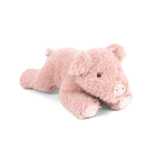 Pixie Laying Pig by Mon Ami, a cuddly plush toy featuring soft pink fur and a sweet expression, perfect for hugs and playtime.
