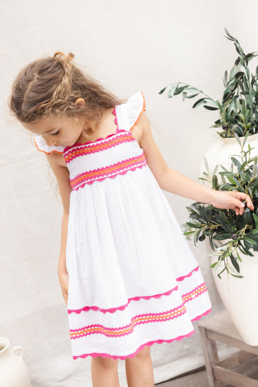 White Sundress with Pink and Tangerine