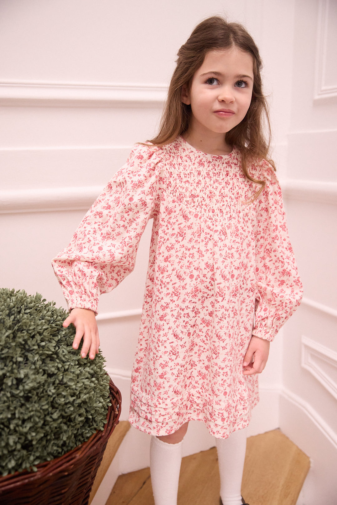 LS Smocked Woven Dress White Pink Floral F26