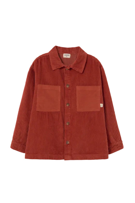 Red corduroy shirt with two front pockets on a white background