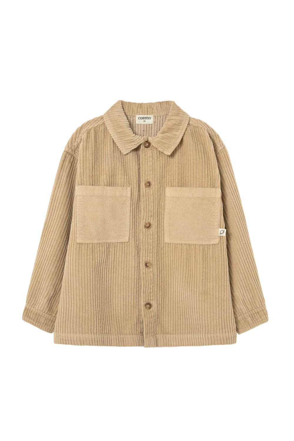 Beige corduroy shirt with two front pockets on a light gray background
