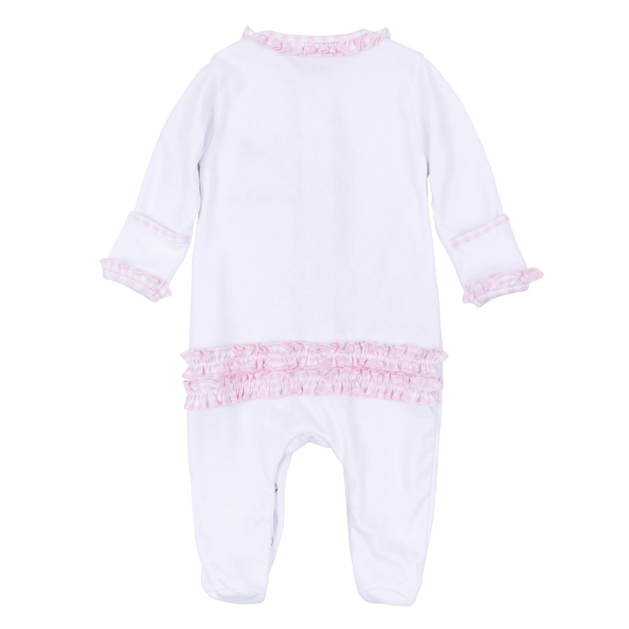 Sweet St Nick Applique Baby's First Christmas Ruffle Footie - Pink