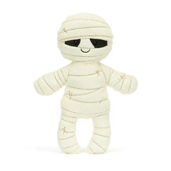 Front view of Jellycat Mummy Bob 13-Inch Halloween Plush Toy - a soft and cuddly mummy character with a friendly smile, perfect for kids and Halloween decorations.