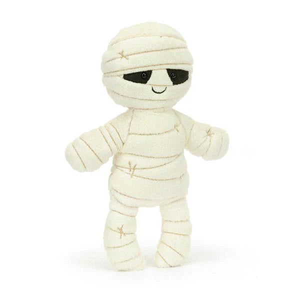 Playful pose of Jellycat Mummy Bob 13-Inch Halloween Plush Toy - showing its charming smile and plush mummy wrap, making it a great Halloween buddy.