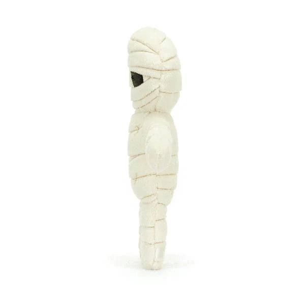 Side view of Jellycat Mummy Bob 13-Inch Halloween Plush Toy - showcasing its cute and soft design, ideal for hugging and playing.