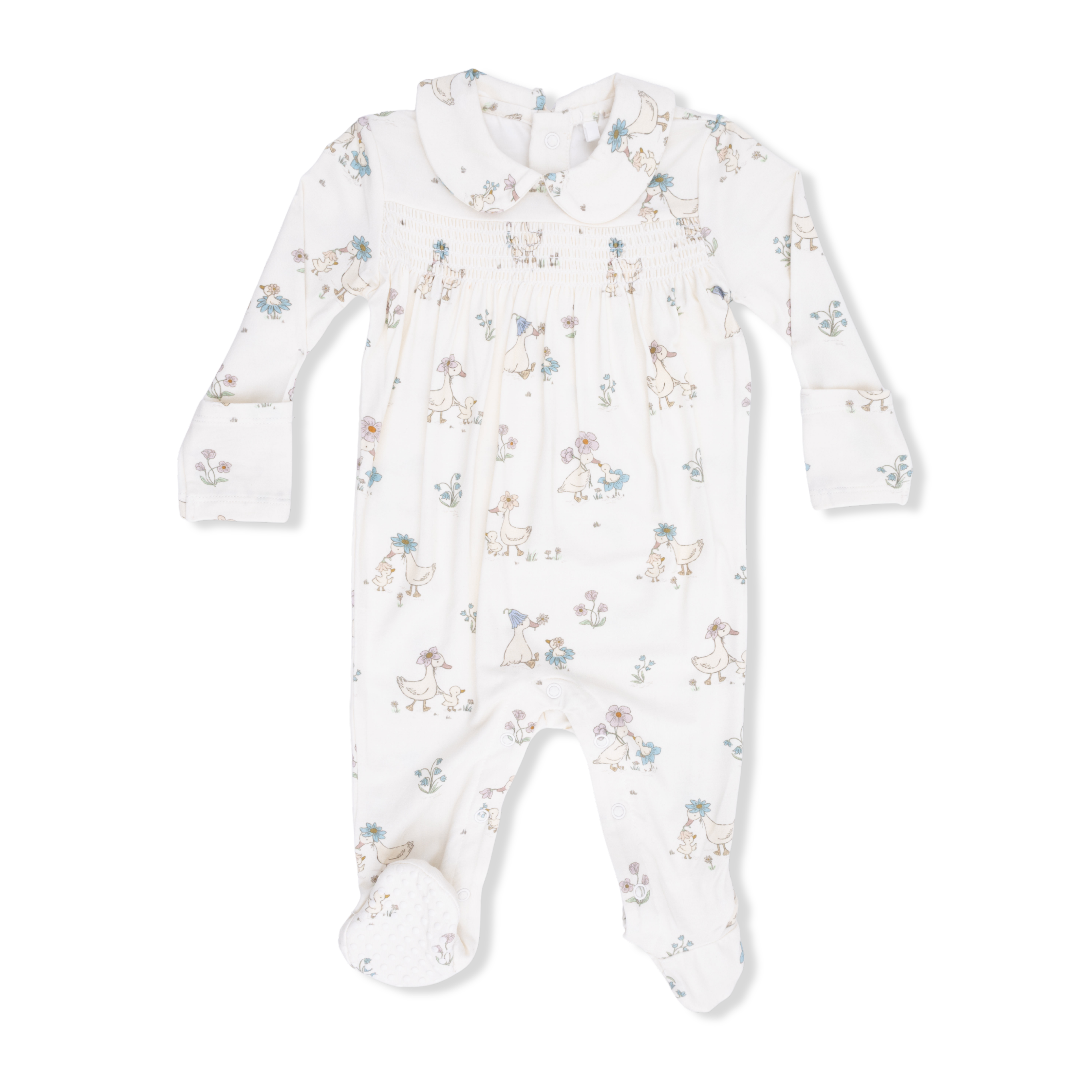 Flower Ducklings- Smocked Peter Pan Snap Footie