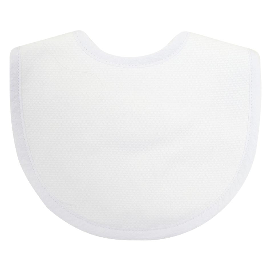 A clean and white bib from 3 Marthas, showcasing newborn bibs with appliques, designed for babies ages 0-2 years. These 100% cotton terry bibs are perfect for keeping little outfits mess-free during feeding, featuring a soft texture and practical design by 3 Marthas.