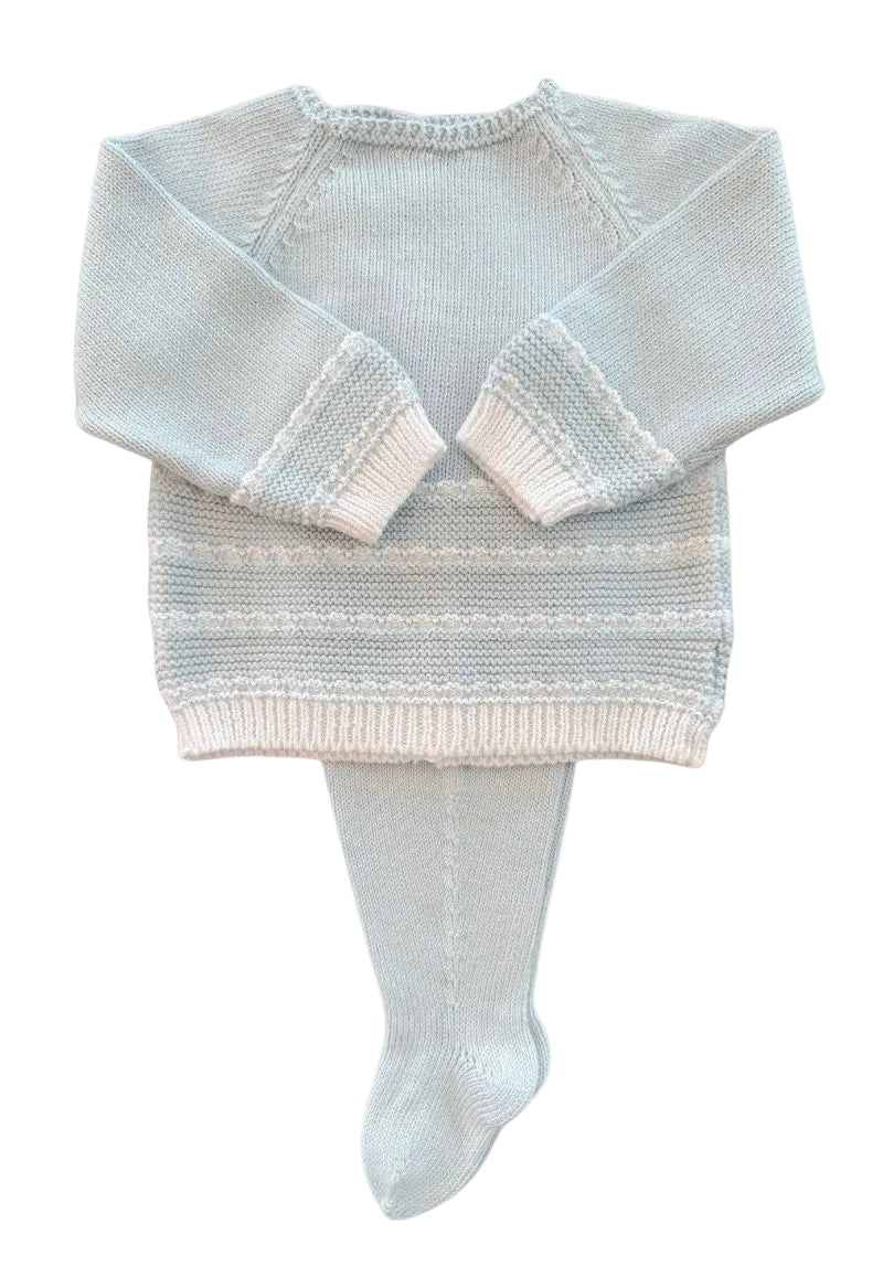 Light blue knitted sweater and tights set on a white background