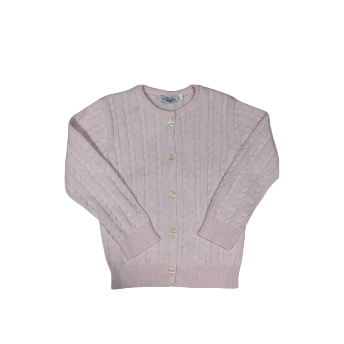 A light pink cable-knit cardigan sweater with a button-up front, laid flat against a light beige background.