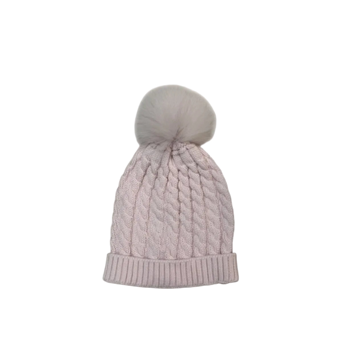 A light pink cable-knit beanie hat with a matching fluffy pom-pom, centered on a clean off-white background.