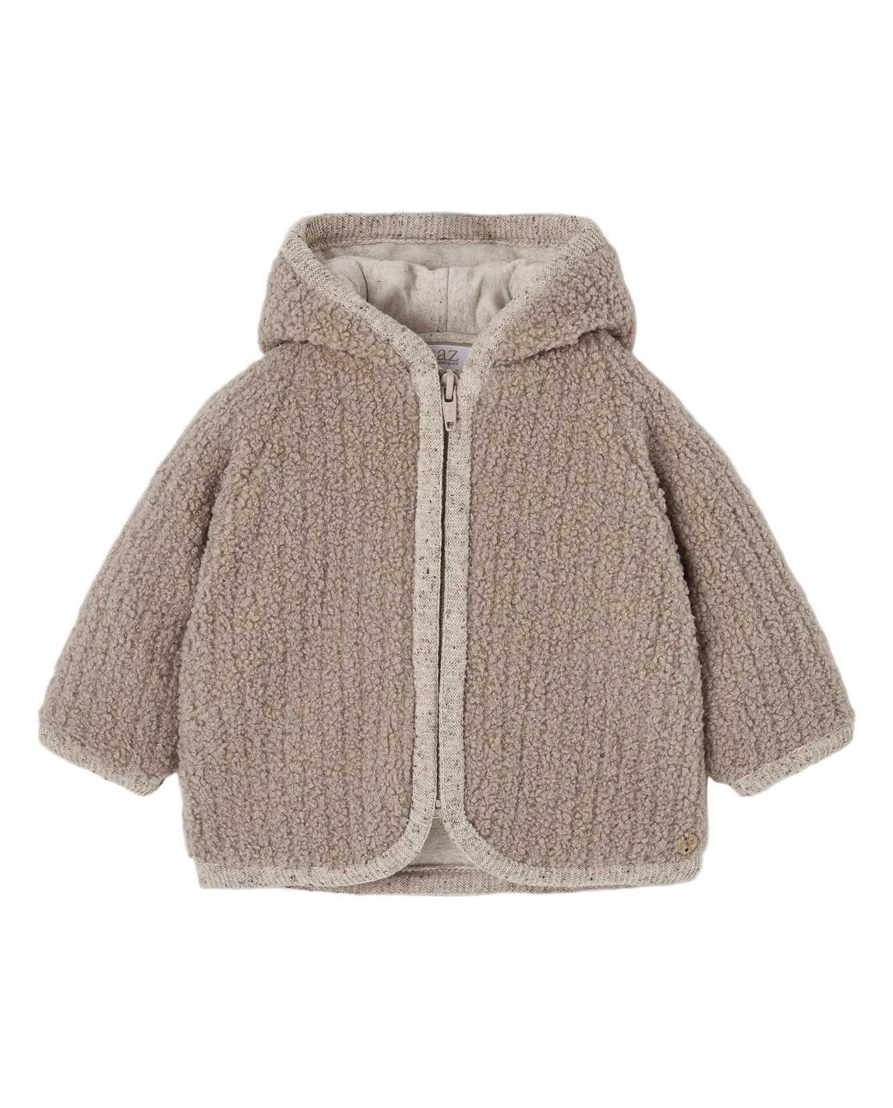 A beige textured teddy fleece hooded jacket with a front zipper, laid flat against a light gray background.