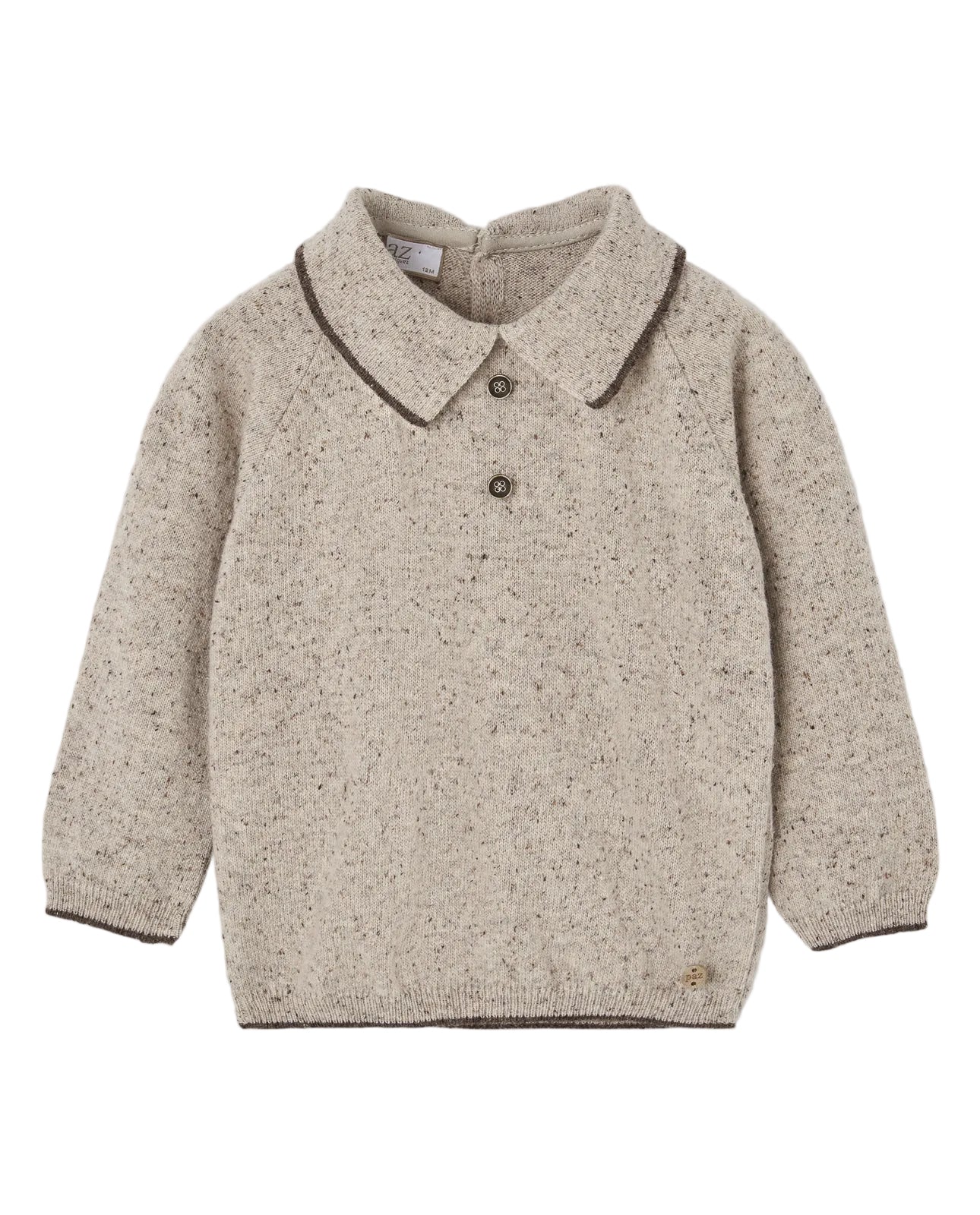 A beige knit long-sleeve polo sweater with a textured speckled pattern, featuring a dark brown contrast collar and button details, laid flat on a light gray background.