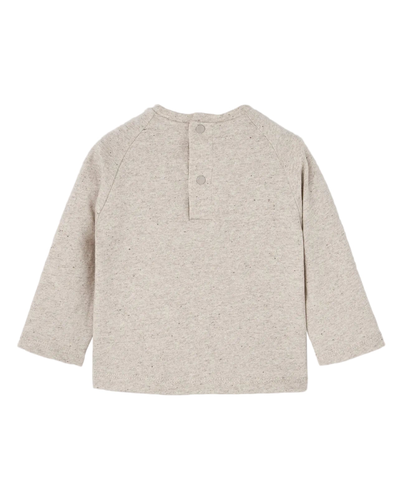 A long-sleeve knit top in a light oatmeal or heathered cream color, shown from the back with a three-button henley neckline, on a solid light gray background.