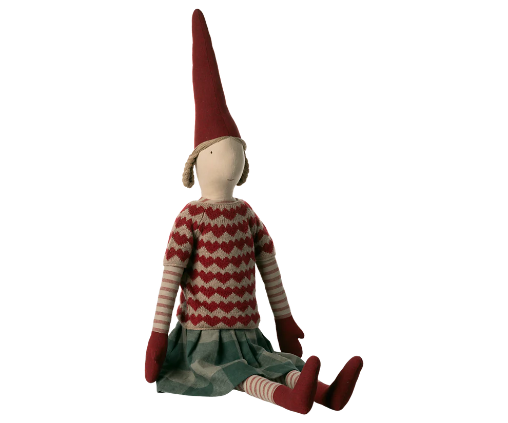 Maileg Pixy size 6 for Boys, a charming decorative doll with a red pointy hat, striped arms, and a festive outfit, perfect for holiday displays.
