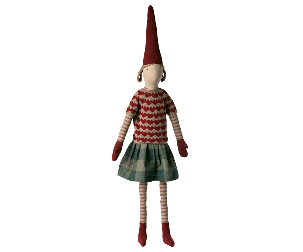 Maileg Pixy size 6 for Boys, a whimsical doll featuring a red pointy hat and a cheery outfit, ideal for Christmas decorations or imaginative play.