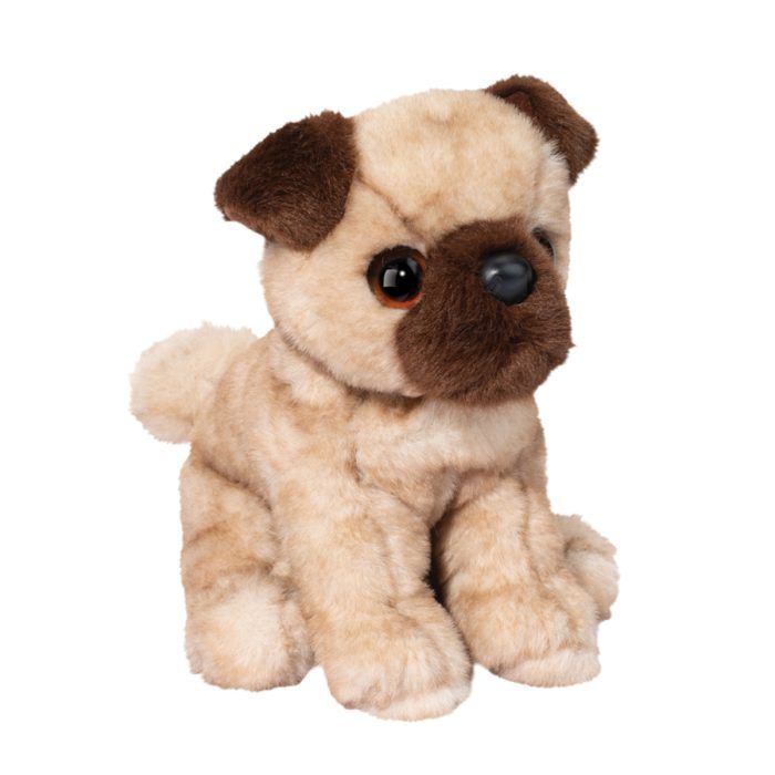 Puggie Pug Mini Soft plush toy by Douglas, featuring velvety tan fur, a brown muzzle, big round eyes, and floppy ears, perfect for cuddles and comfort.