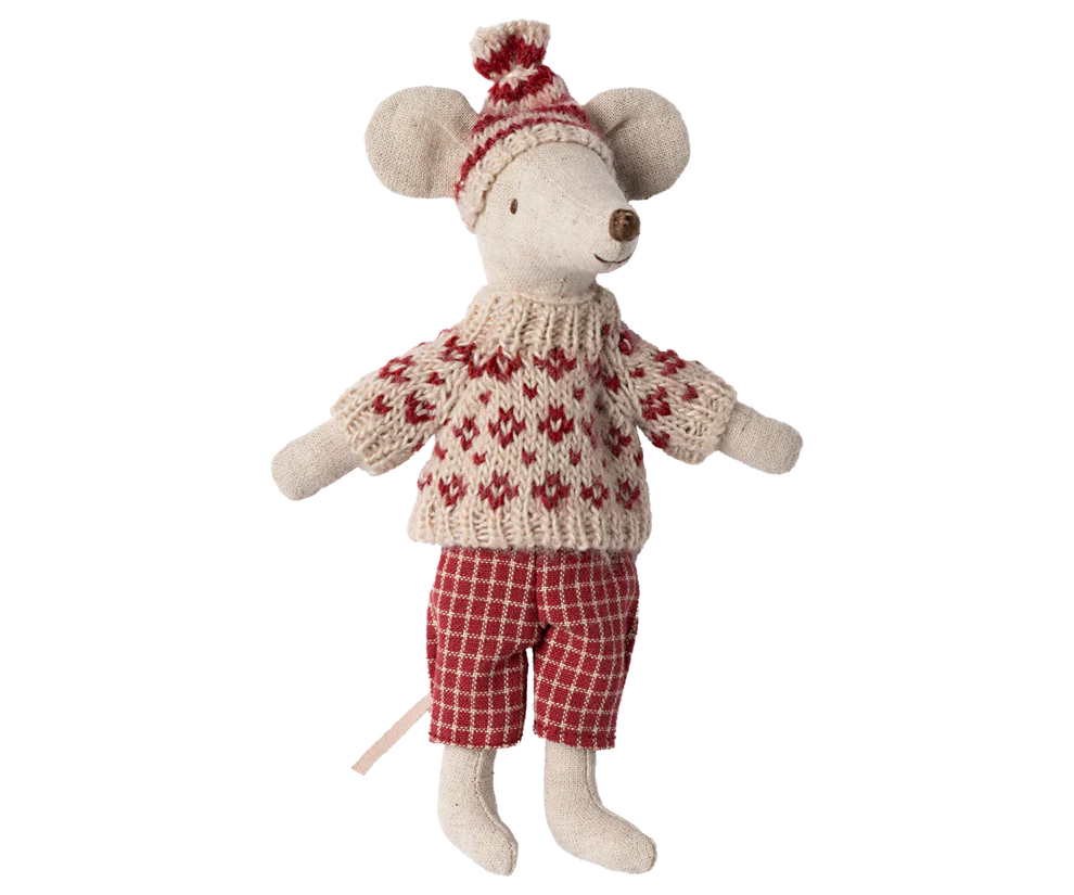 Winter mouse with ski set, Mum - Red