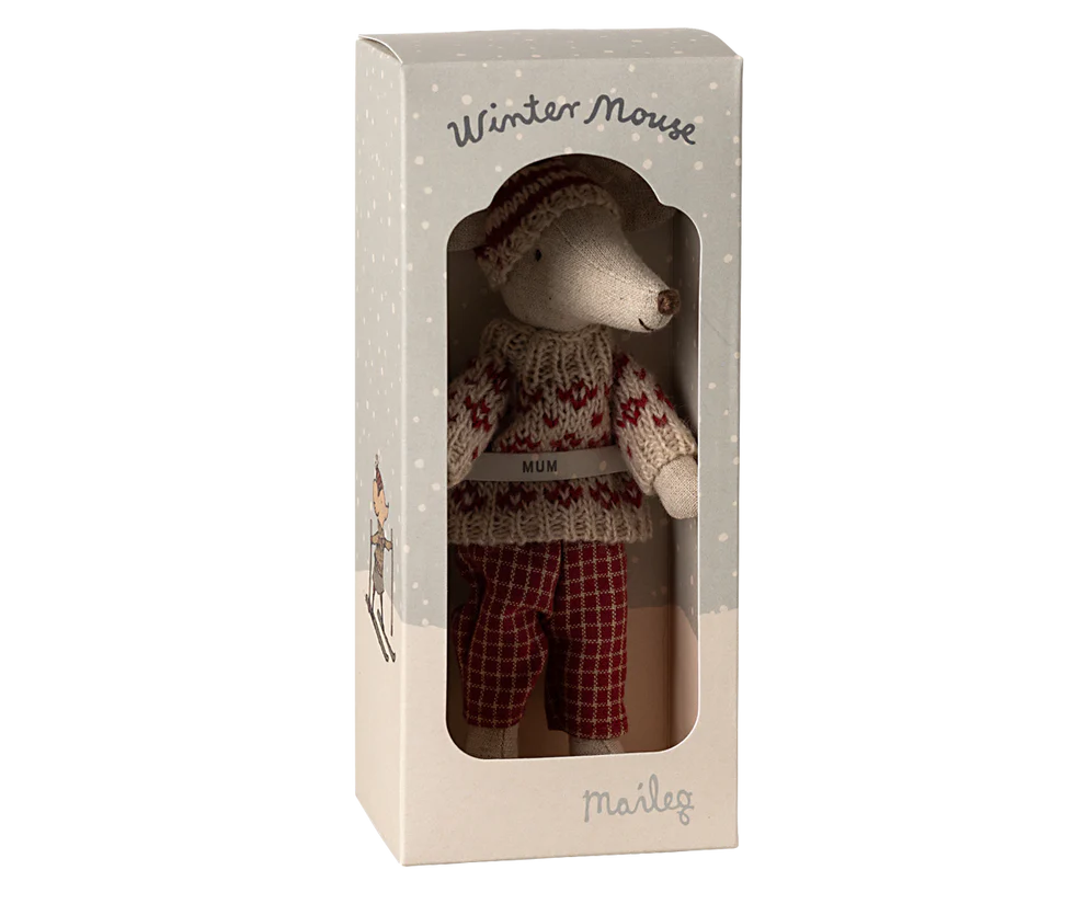 Winter mouse with ski set, Mum - Red