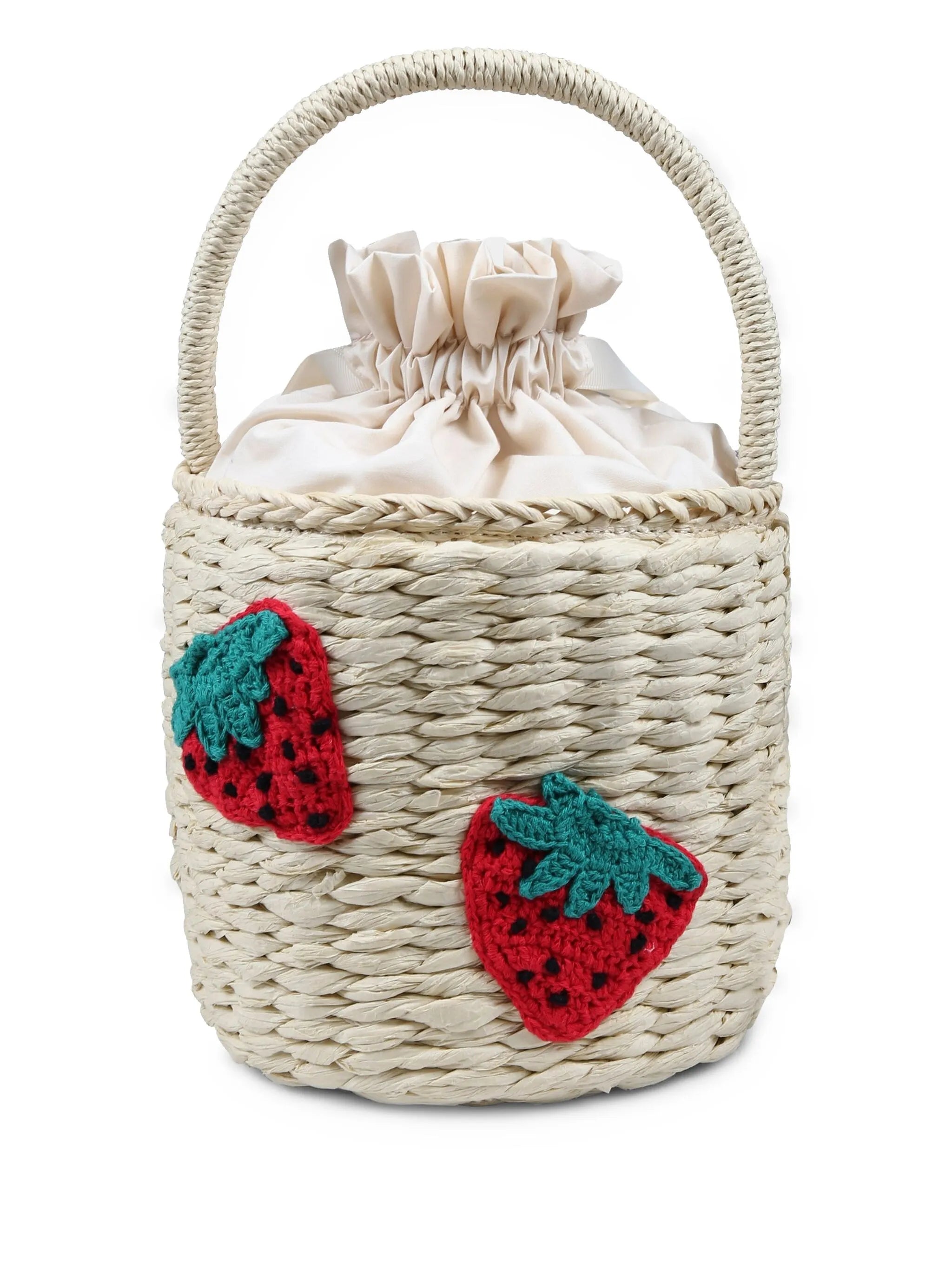 Girl Straw Bucket Bag with Strawberry Crochet Patch